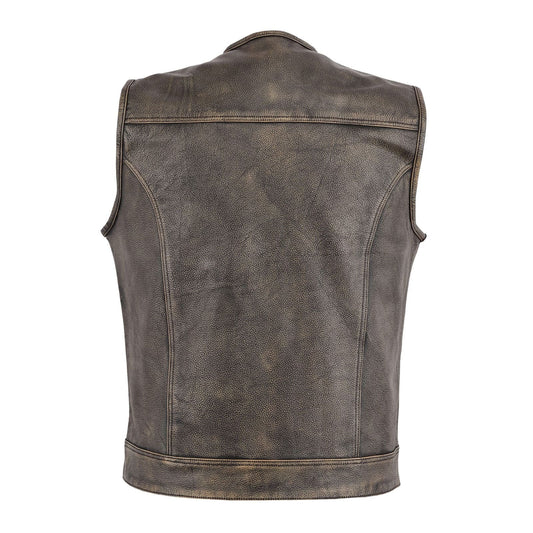 Distressed Brown Collarless Leather Vest Leathers Crafted