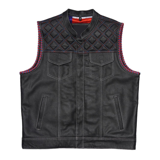 Double-Stitched Black Leather Vest Featuring Inner Flag Design Leathers Crafted