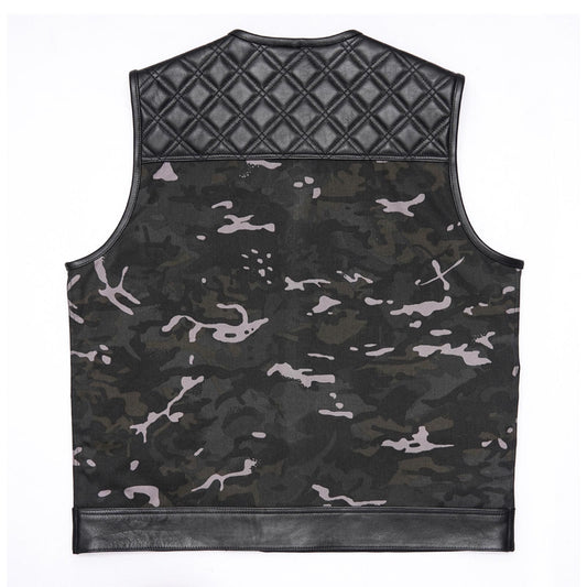 Ride in Style: Black Leather Biker Vest with Camo Flair Leathers Crafted