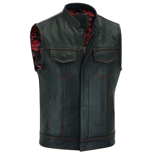 Men’s Black Leather Biker vest with Paisley Liner / Motorcycle Vest Leathers Crafted
