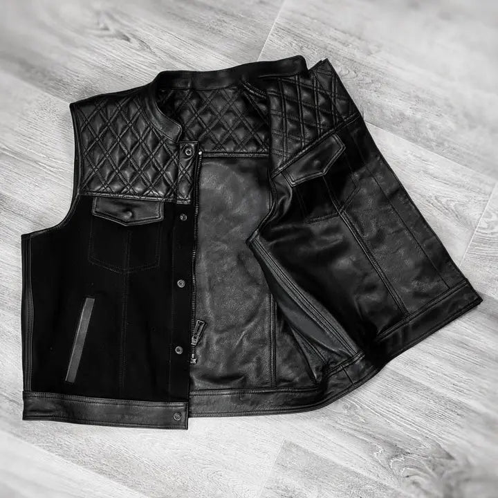 Black Leather and Canvas Biker Vest – Rugged Style with Modern Durability Leathers Crafted