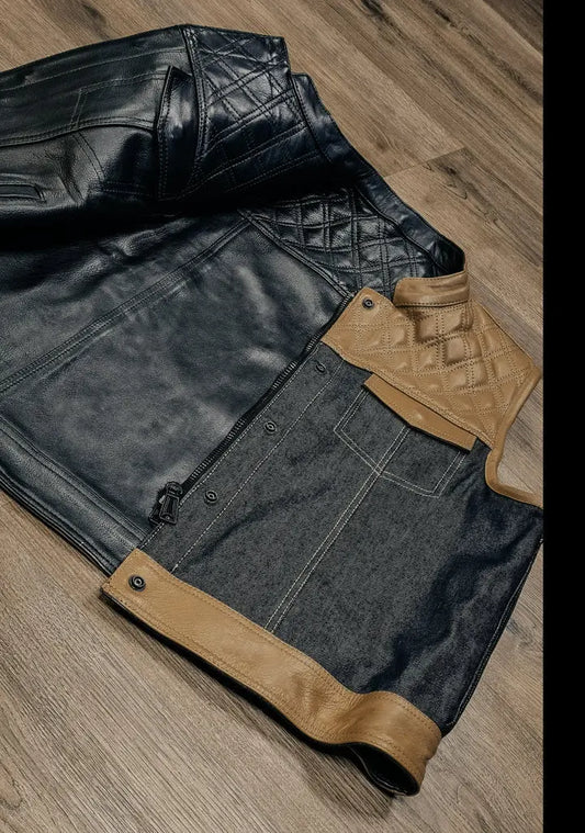 "Revolutionize Your Ride: Dual-Sided Camel & Black Leather Biker Vest" Leathers Crafted