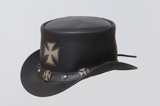 Gothic Black Leather Top Hat with Maltese Cross Design Leathers Crafted