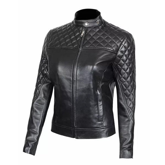 Women’s Black Dimond Quilted Motorcycle Leather Jacket Leathers Crafted