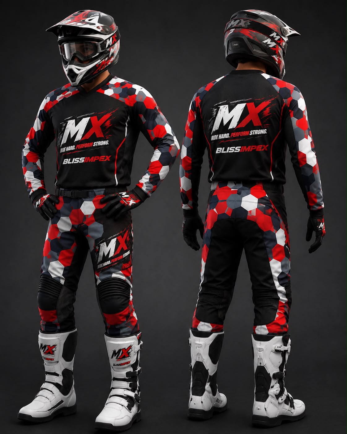 Blissimpex Red Hex Camo Motocross Gear Set | Premium MX Jersey & Pants | Dirt Bike Racing Gear | Enduro & Off-Road Apparel