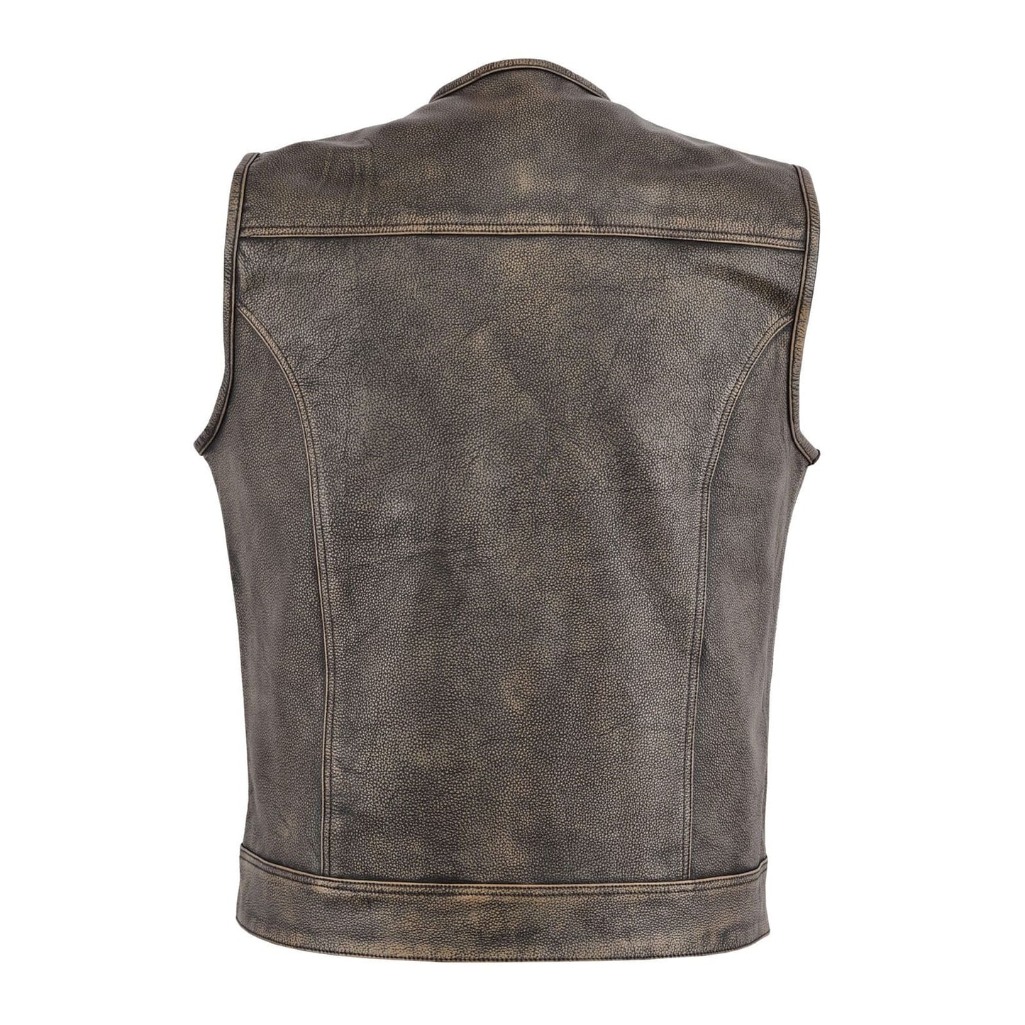 Distressed Brown Collarless Leather Vest Leathers Crafted