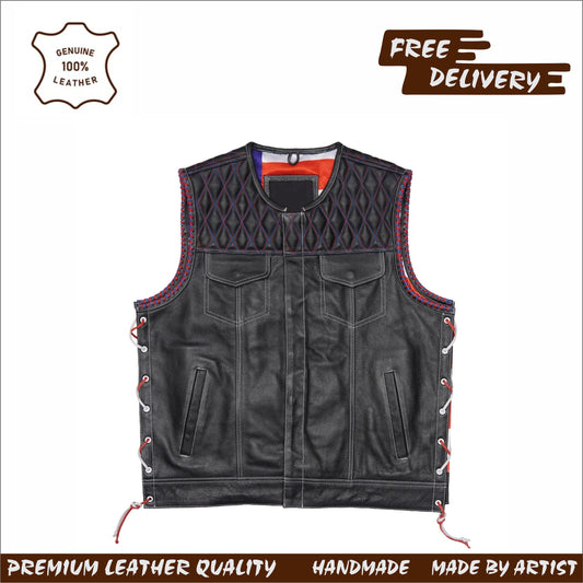 Stylish Diamond Quilted Black Leather Vest Featuring Double Stitching and Flag Liner Leathers Crafted