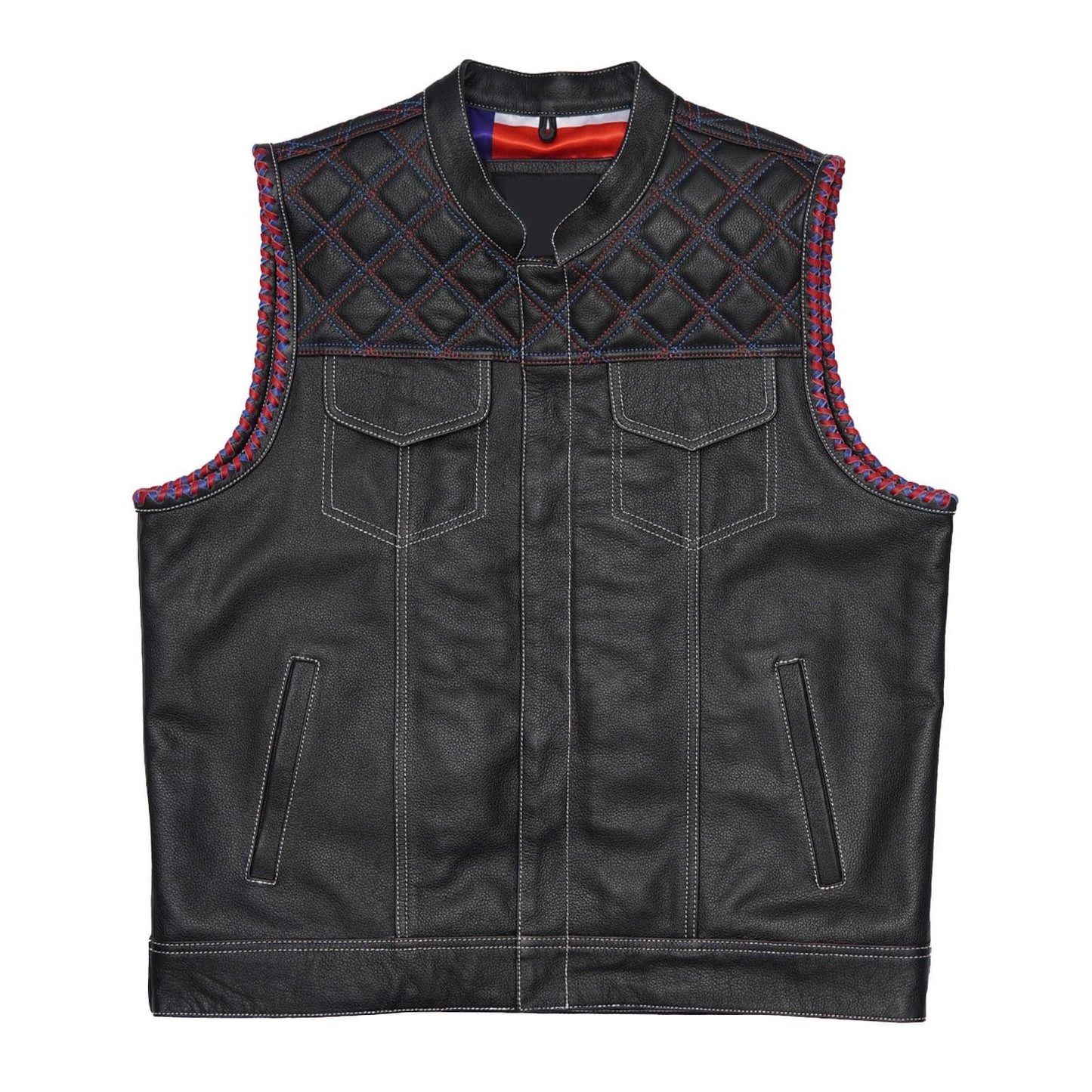 Double-Stitched Black Leather Vest Featuring Inner Flag Design Leathers Crafted