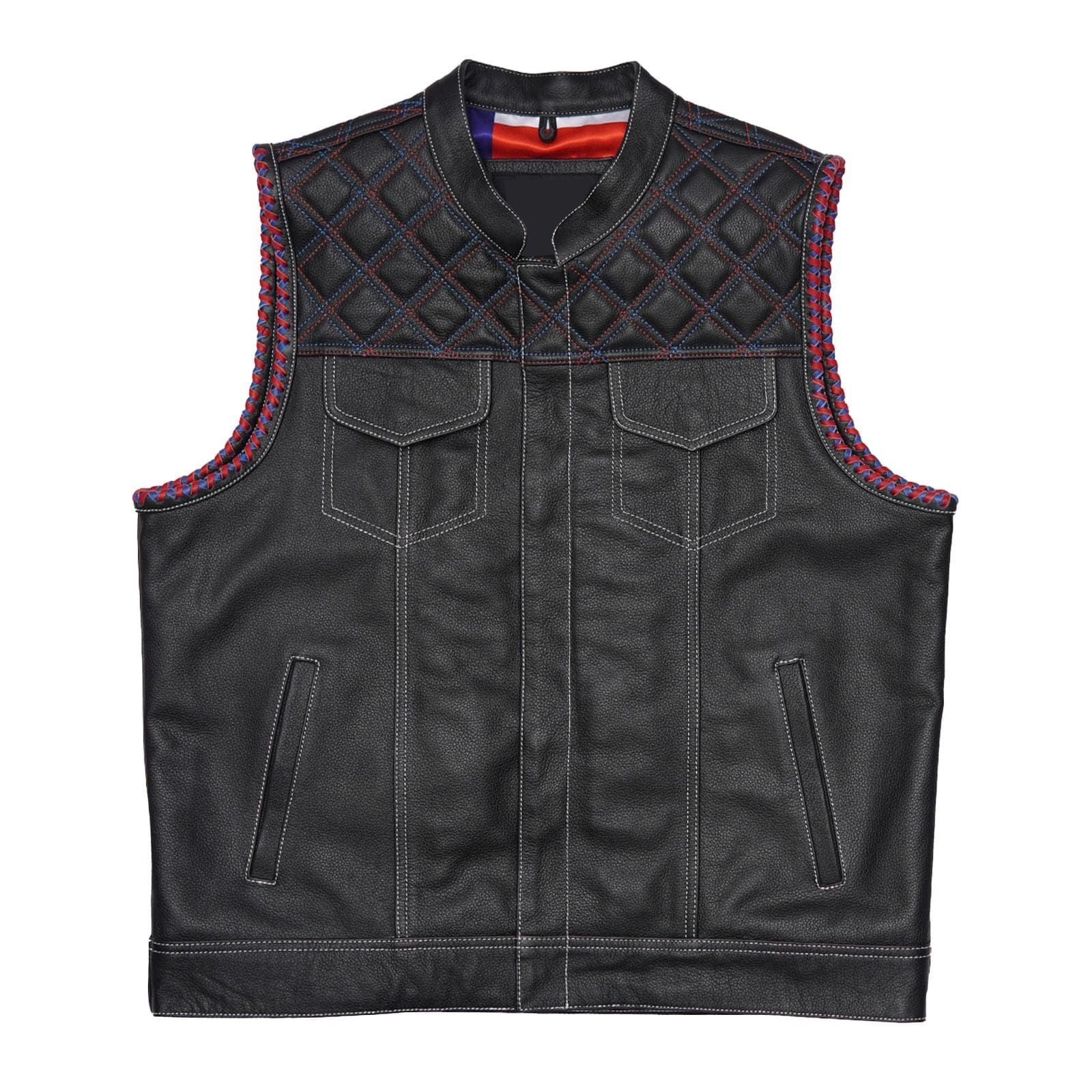 Double-Stitched Black Leather Vest Featuring Inner Flag Design Leathers Crafted