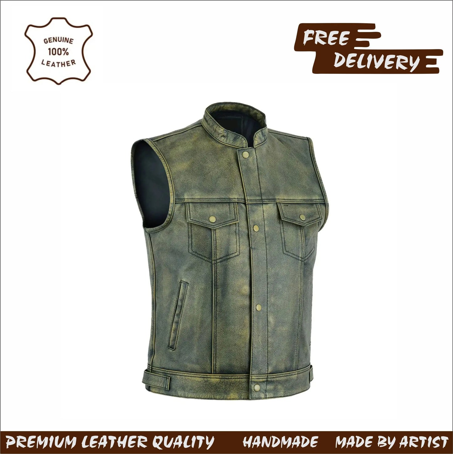 Vintage Edge: Distressed Brown Leather Biker Vest Leathers Crafted