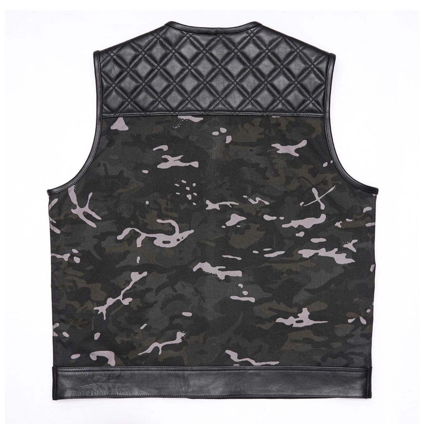Ride in Style: Black Leather Biker Vest with Camo Flair Leathers Crafted