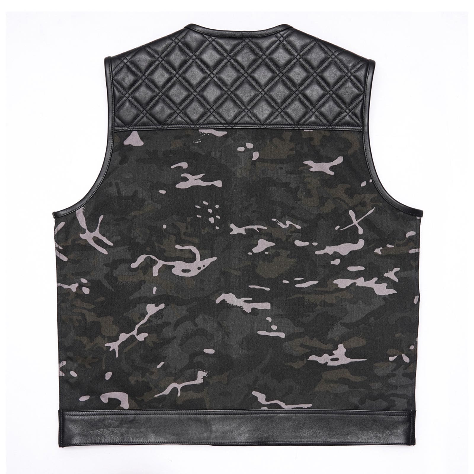 Ride in Style: Black Leather Biker Vest with Camo Flair Leathers Crafted