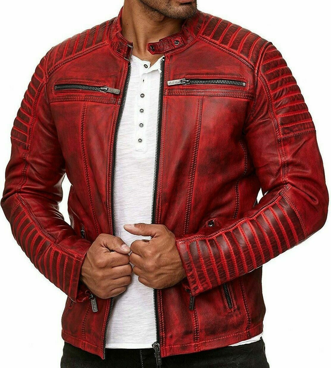 Bloody Red Color Men's Biker Leather Jacket Leathers Crafted