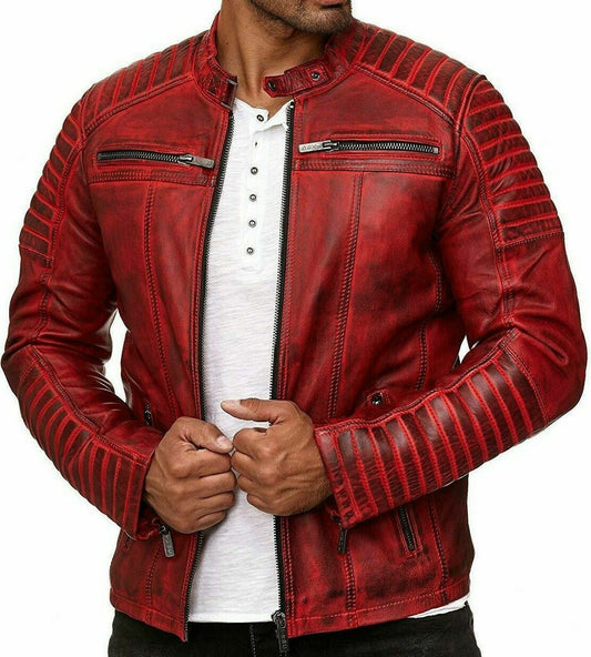 Bloody Red Color Men's Biker Leather Jacket Leathers Crafted