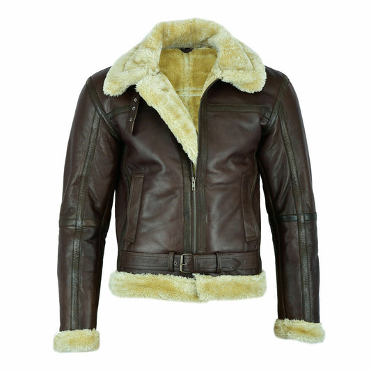 MEN' s Brown Faux Leather Aviator Jacket with Fur Collar Leathers Crafted