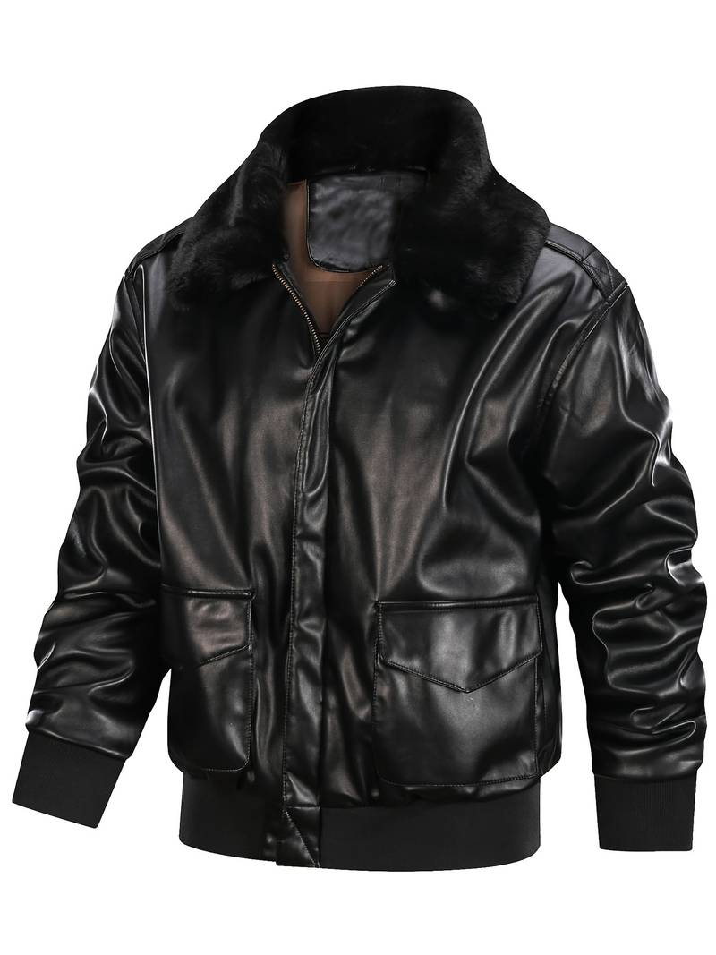 Men's Black Faux Leather Aviator Jacket with Fur Collar Leathers Crafted