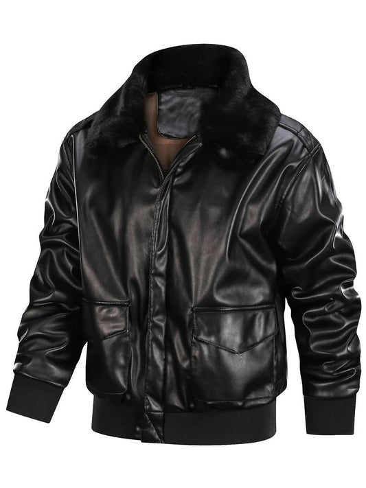 Men's Black Faux Leather Aviator Jacket with Fur Collar Leathers Crafted