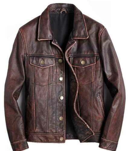 Men's Brown Trucker Leather Jacket Leathers Crafted