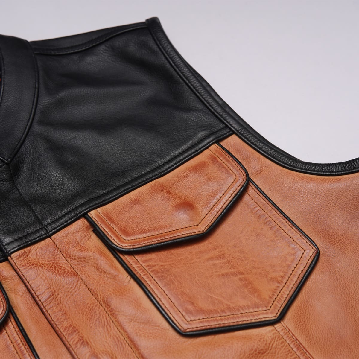 Dual Tone Black and Camel Biker Leather Vest Leathers Crafted