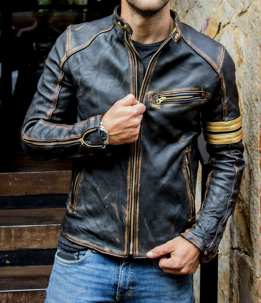 Men's Vintage Distressed Leather Jacket – Classic Brown Biker with Gold Accents Leathers Crafted