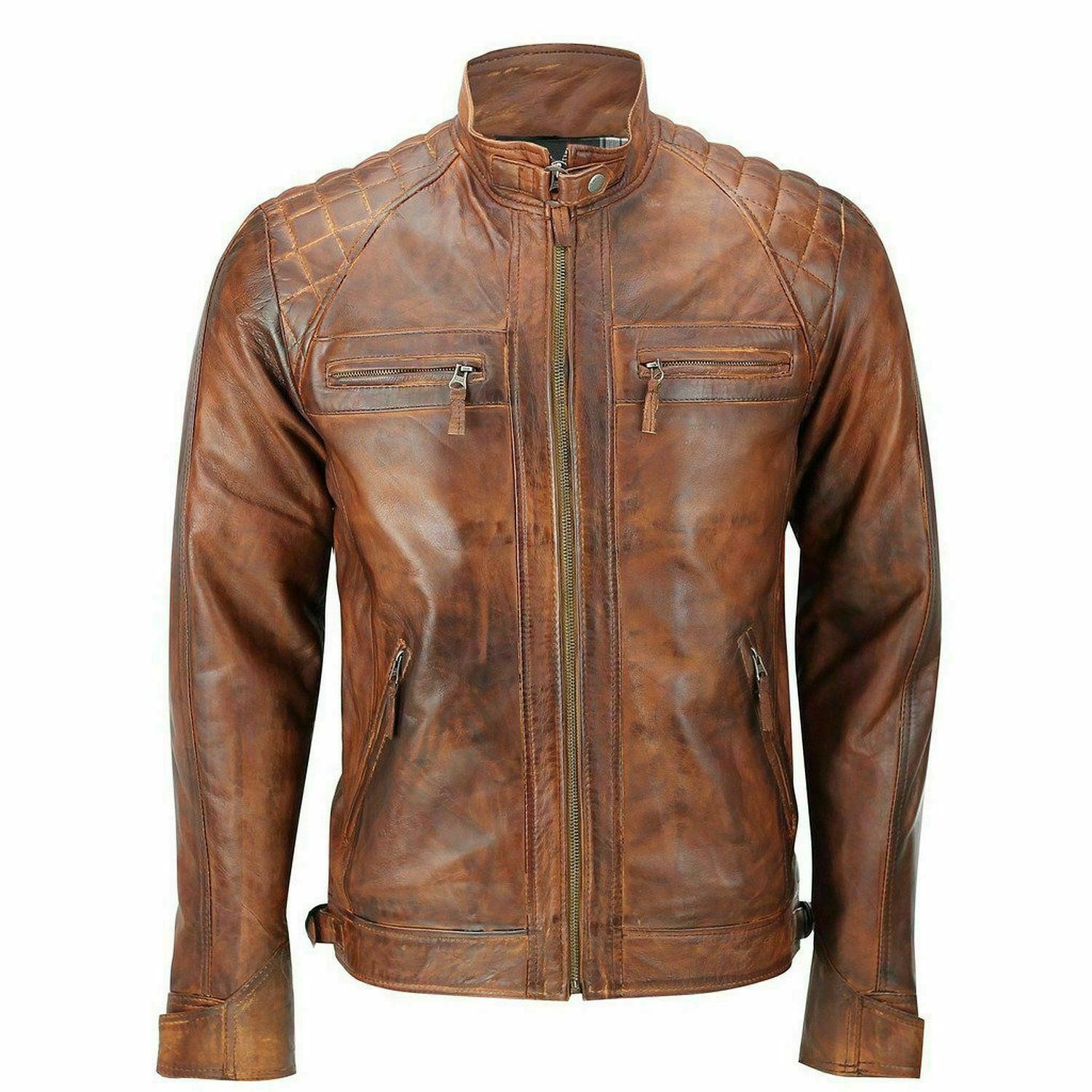 Brown Leather Biker Jacket With Shoulder Panel and double pocket style Leathers Crafted