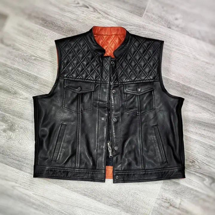 Orange black double-Sided Leather Biker Vest – Versatile Style, Ultimate Durability Leathers Crafted