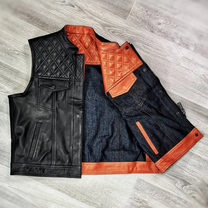 Orange black double-Sided Leather Biker Vest – Versatile Style, Ultimate Durability Leathers Crafted
