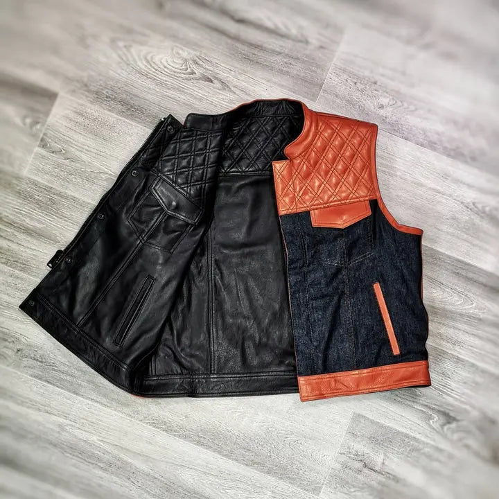 Orange black double-Sided Leather Biker Vest – Versatile Style, Ultimate Durability Leathers Crafted