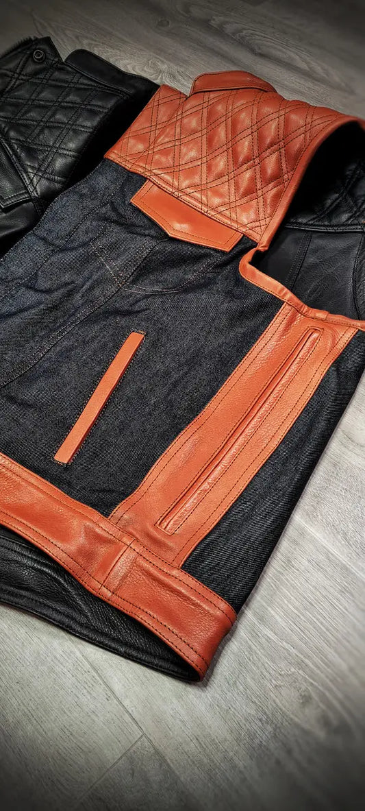 Orange black double-Sided Leather Biker Vest – Versatile Style, Ultimate Durability Leathers Crafted