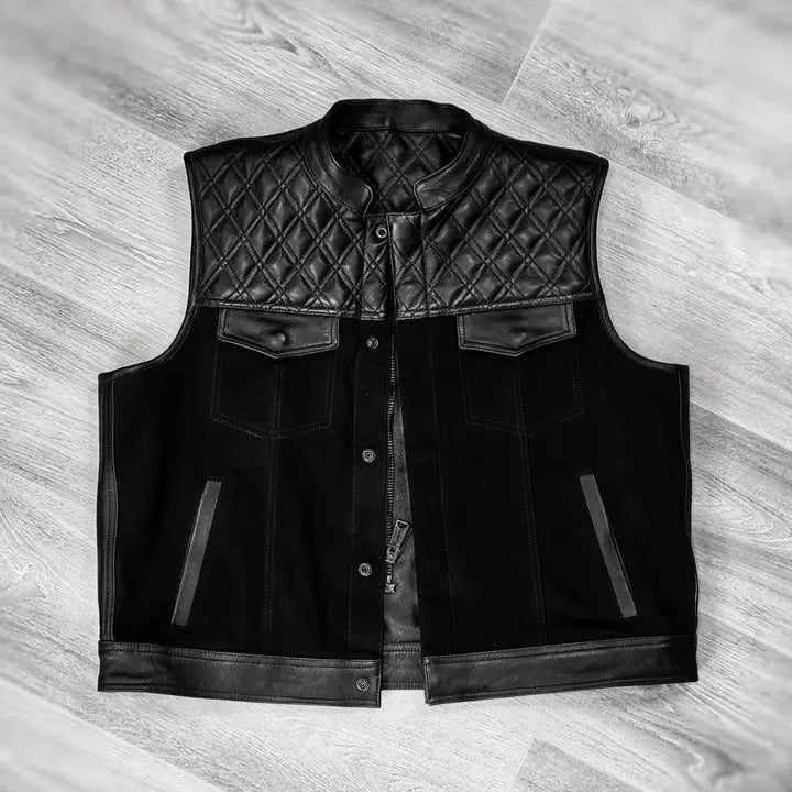Black Leather and Canvas Biker Vest – Rugged Style with Modern Durability Leathers Crafted