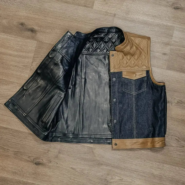 "Revolutionize Your Ride: Dual-Sided Camel & Black Leather Biker Vest" Leathers Crafted