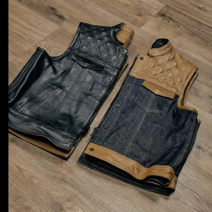"Revolutionize Your Ride: Dual-Sided Camel & Black Leather Biker Vest" Leathers Crafted