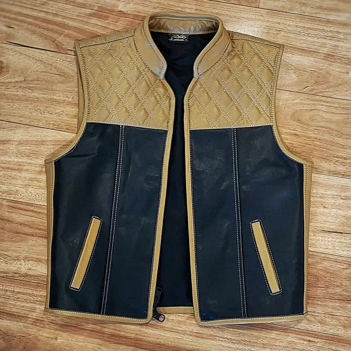 "Revolutionize Your Ride: Dual-Sided Camel & Black Leather Biker Vest" Leathers Crafted