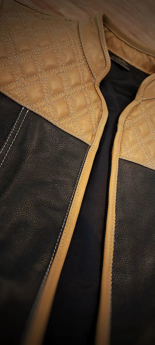 "Revolutionize Your Ride: Dual-Sided Camel & Black Leather Biker Vest" Leathers Crafted