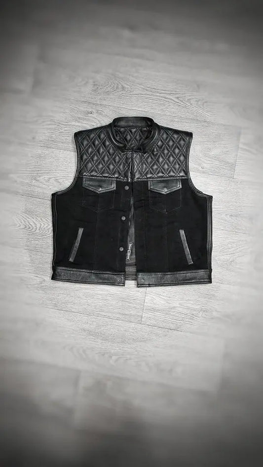 "Blackout Classic: Leather and Canvas Biker Vest" Leathers Crafted