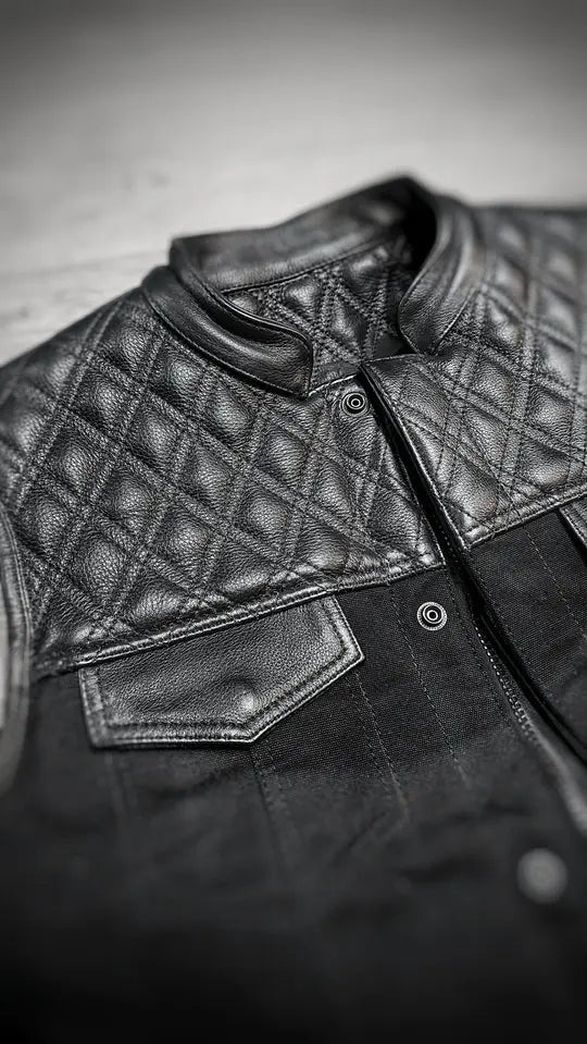 "Blackout Classic: Leather and Canvas Biker Vest" Leathers Crafted