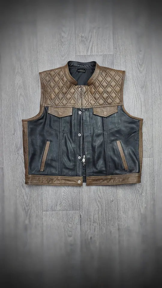 "Urban Contrast: Black Canvas & Brown Leather Biker Vest" Leathers Crafted