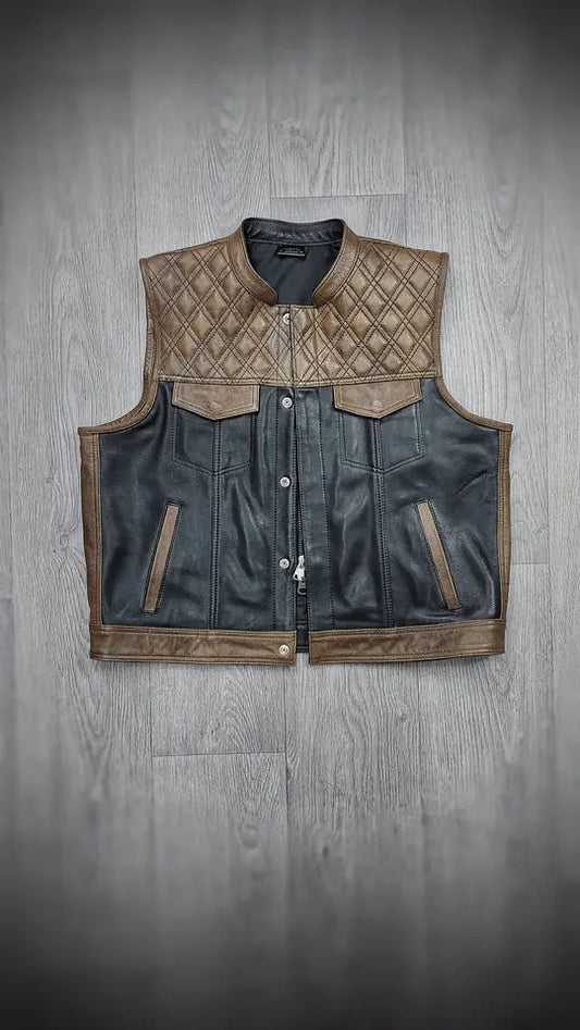 "Urban Contrast: Black Canvas & Brown Leather Biker Vest" Leathers Crafted