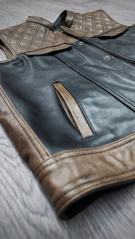 "Urban Contrast: Black Canvas & Brown Leather Biker Vest" Leathers Crafted