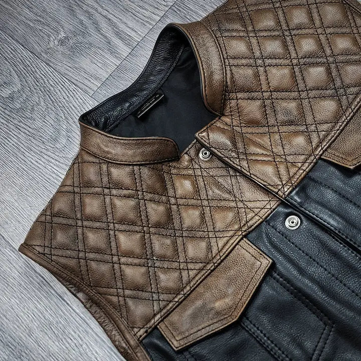 "Urban Contrast: Black Canvas & Brown Leather Biker Vest" Leathers Crafted