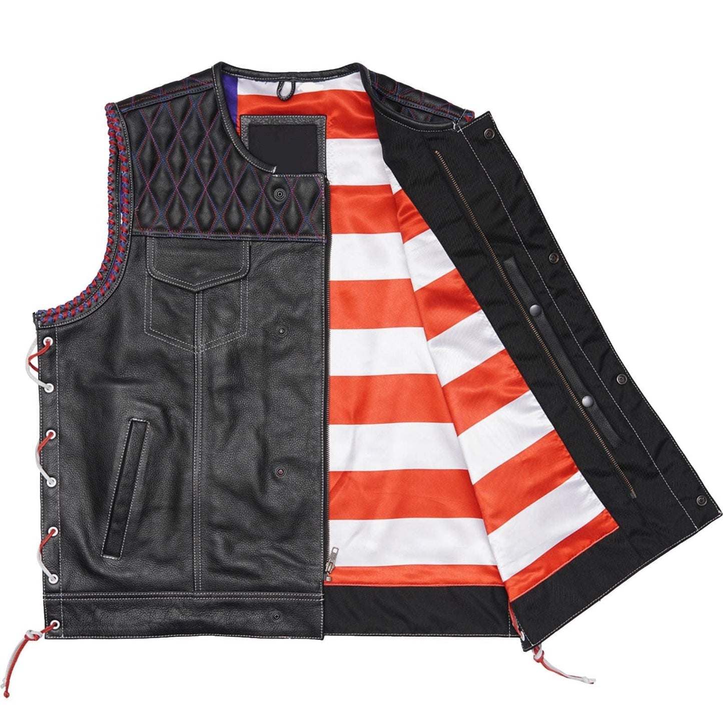 Stylish Diamond Quilted Black Leather Vest Featuring Double Stitching and Flag Liner Leathers Crafted