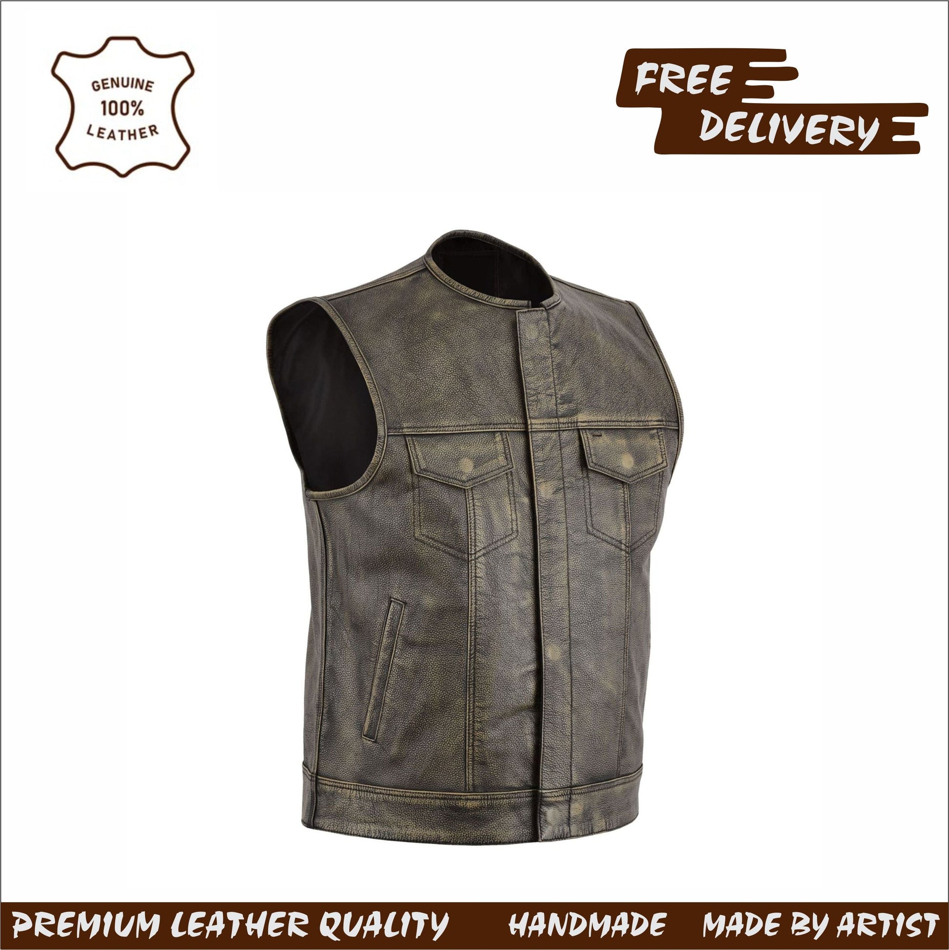 Distressed Brown Collarless Leather Vest Leathers Crafted