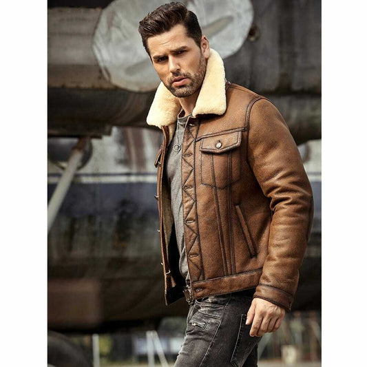 MEN' s Brown Faux Leather Aviator Jacket with Fur Collar Leathers Crafted