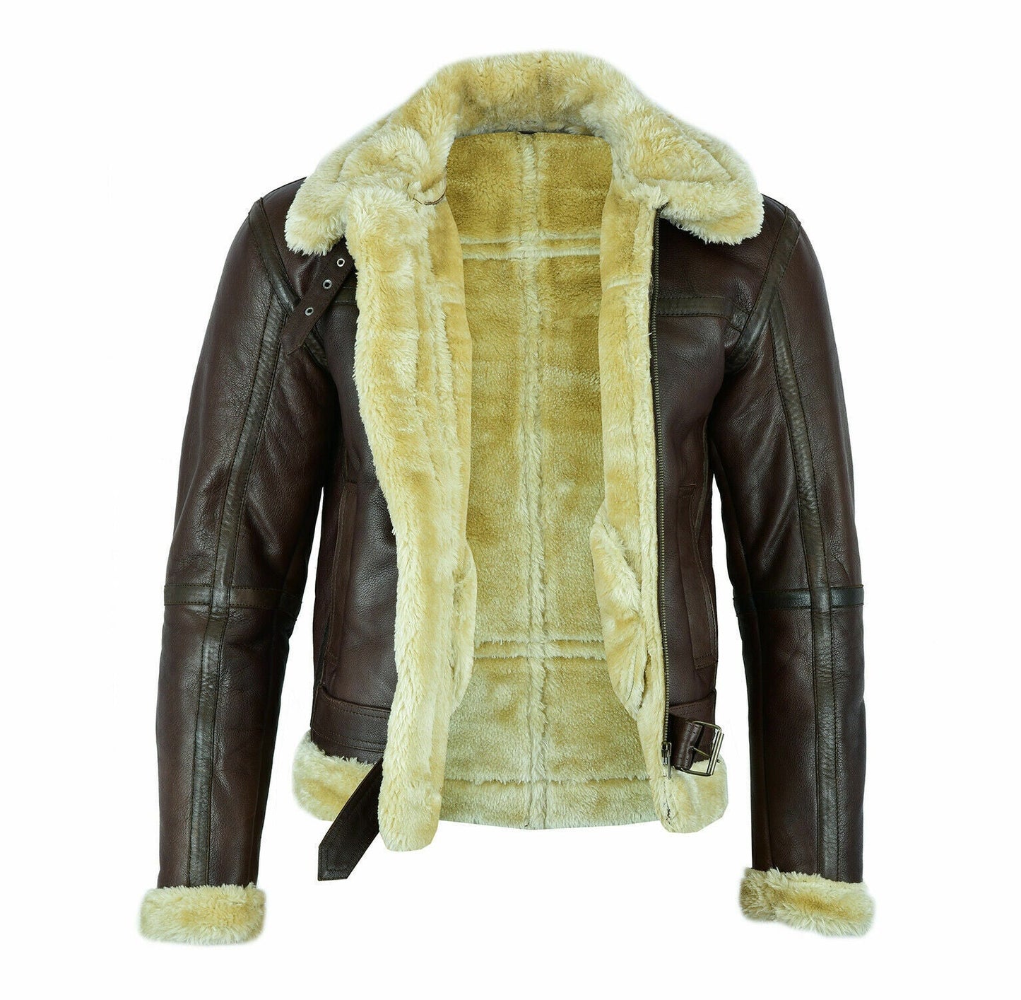 MEN' s Brown Faux Leather Aviator Jacket with Fur Collar Leathers Crafted