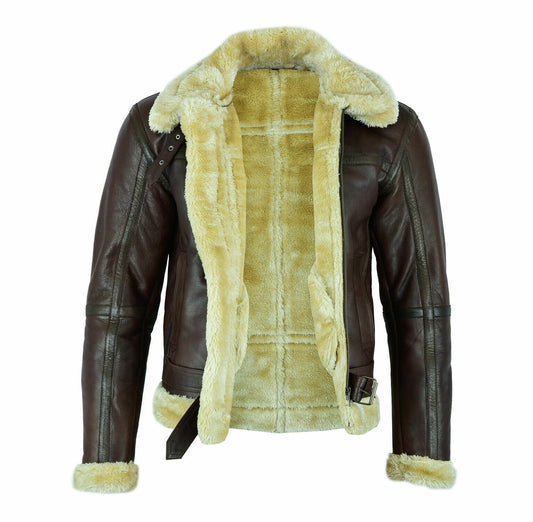MEN' s Brown Faux Leather Aviator Jacket with Fur Collar Leathers Crafted