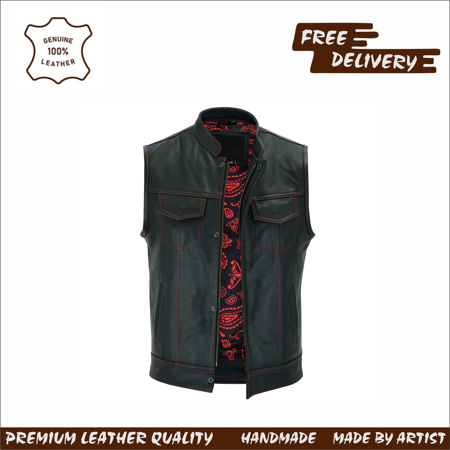 Men’s Black Leather Biker vest with Paisley Liner / Motorcycle Vest Leathers Crafted