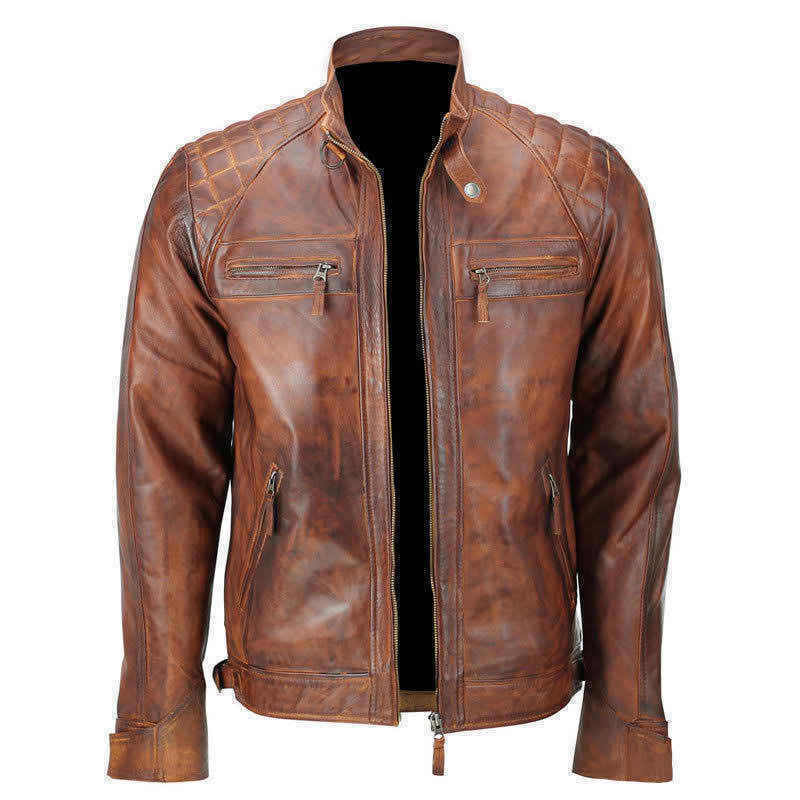 Brown Leather Biker Jacket With Shoulder Panel and double pocket style Leathers Crafted