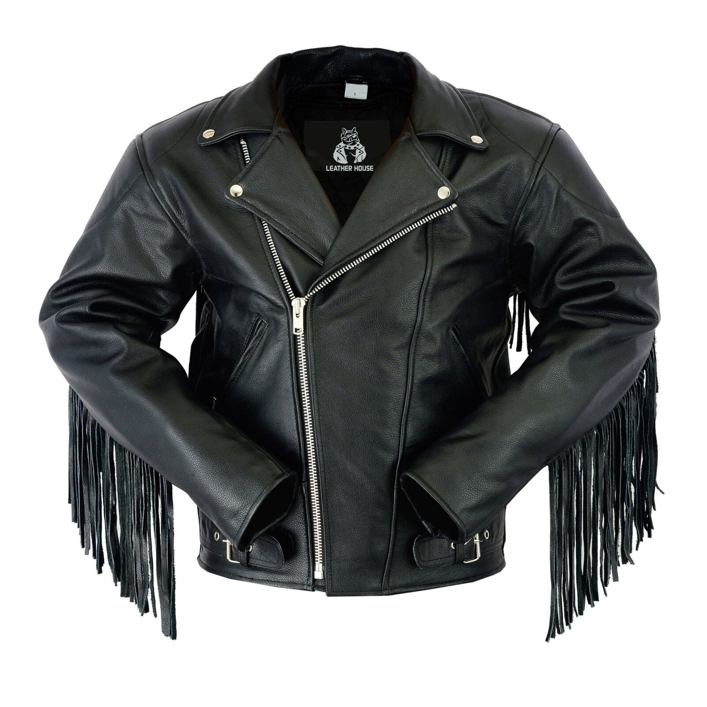 Classic Black Leather Biker Jacket with Fringe Accents Leathers Crafted