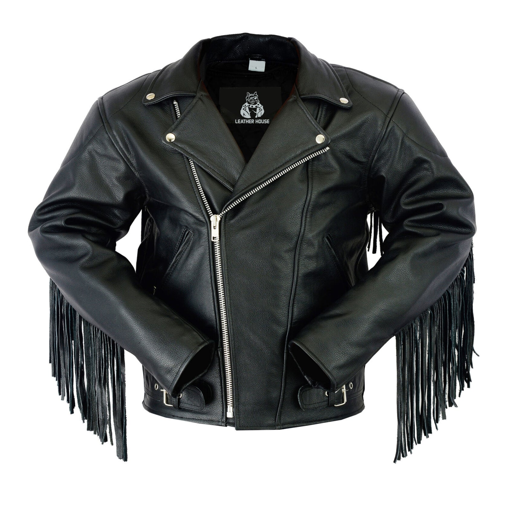 Classic Black Leather Biker Jacket with Fringe Accents Leathers Crafted