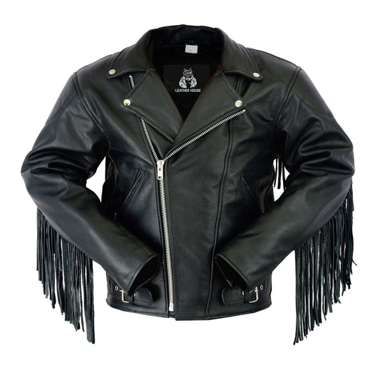 Classic Black Leather Biker Jacket with Fringe Accents Leathers Crafted